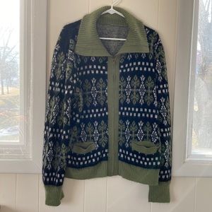 Vintage 50s 60s Nordic Print Zip Up Cardigan Sweater XL